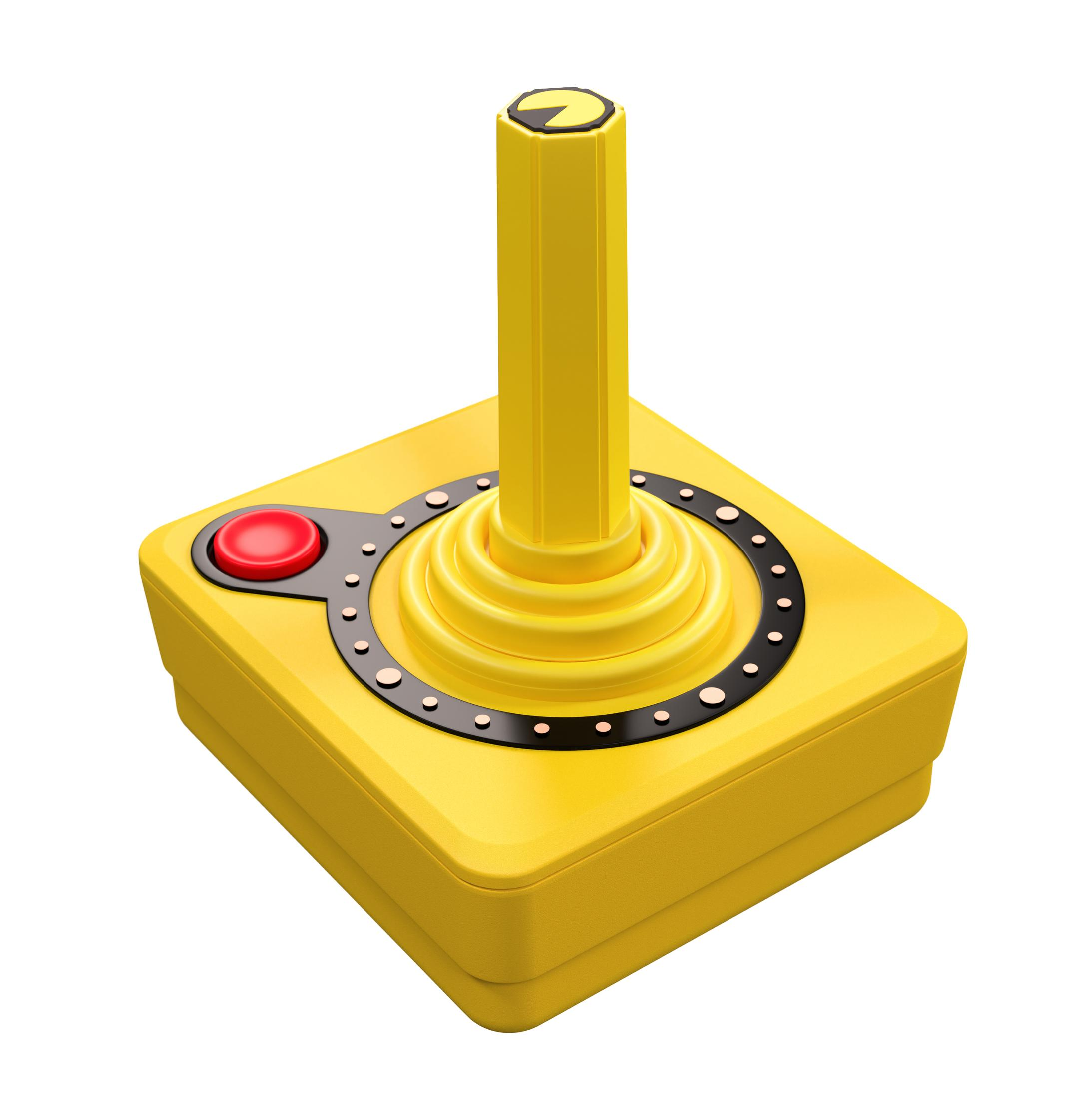 Żółty joystick retro z czerwonym przyciskiem na białym tle.
