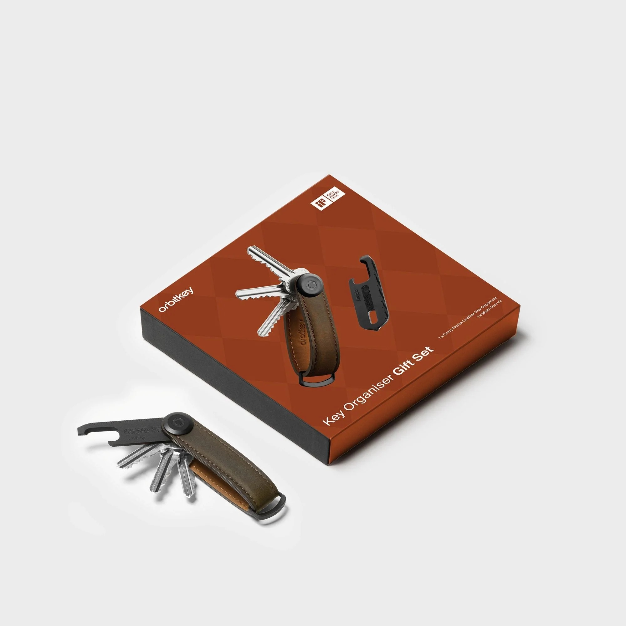 Skórzany organizer do kluczy Orbitkey z wielofunkcyjnym narzędziem i pudełkiem.