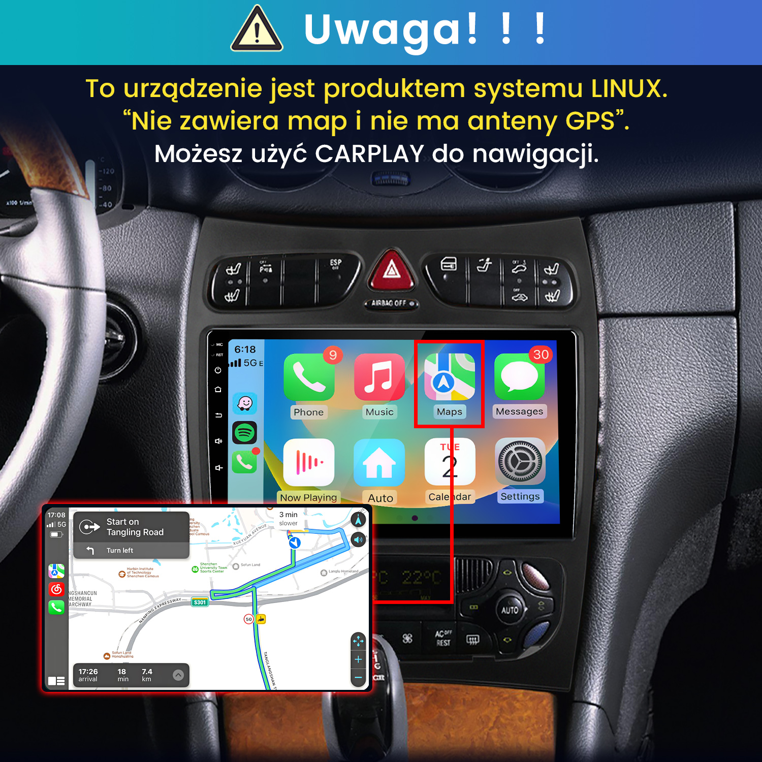 Radio samochodowe z systemem Linux i nawigacją CarPlay w desce rozdzielczej.