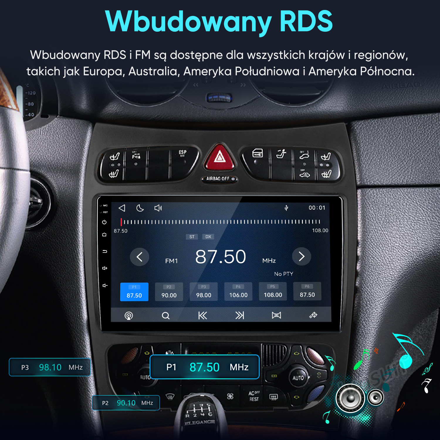 Deska rozdzielcza samochodu z cyfrowym ekranem dotykowym pokazującym interfejs radia FM.