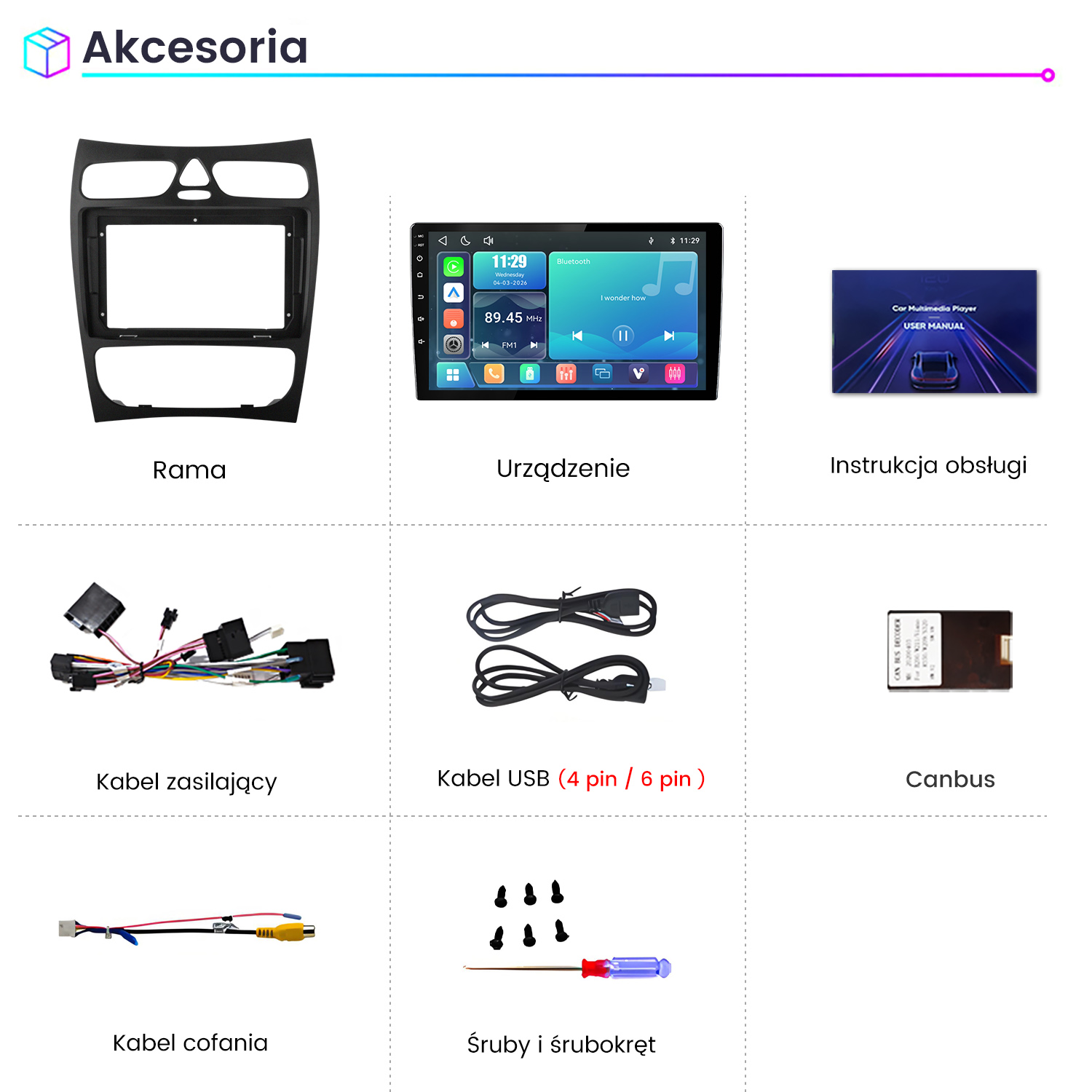 Katalog akcesoriów samochodowych zawierający ramkę, ekran, kable, instrukcję, canbus i śruby.