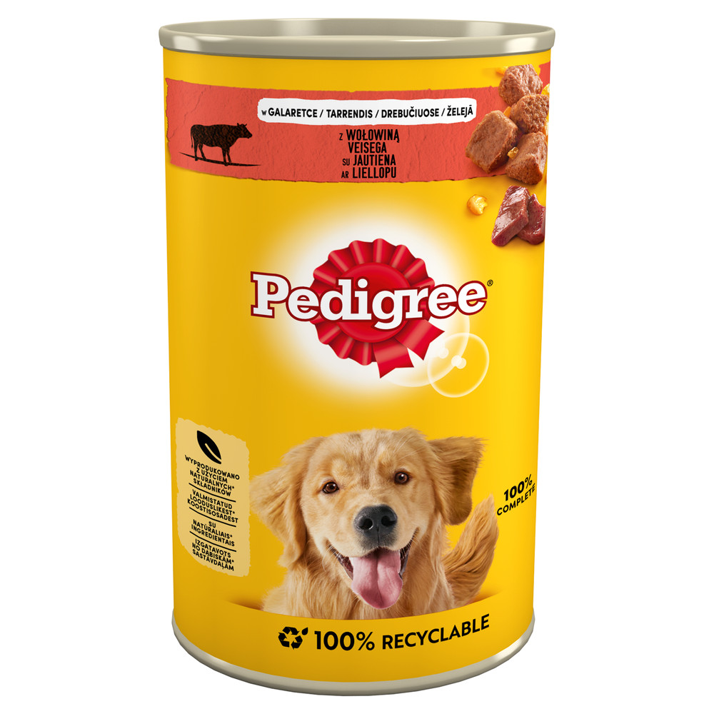 Żółta puszka z karmą dla psów Pedigree z psem i kawałkami wołowiny.