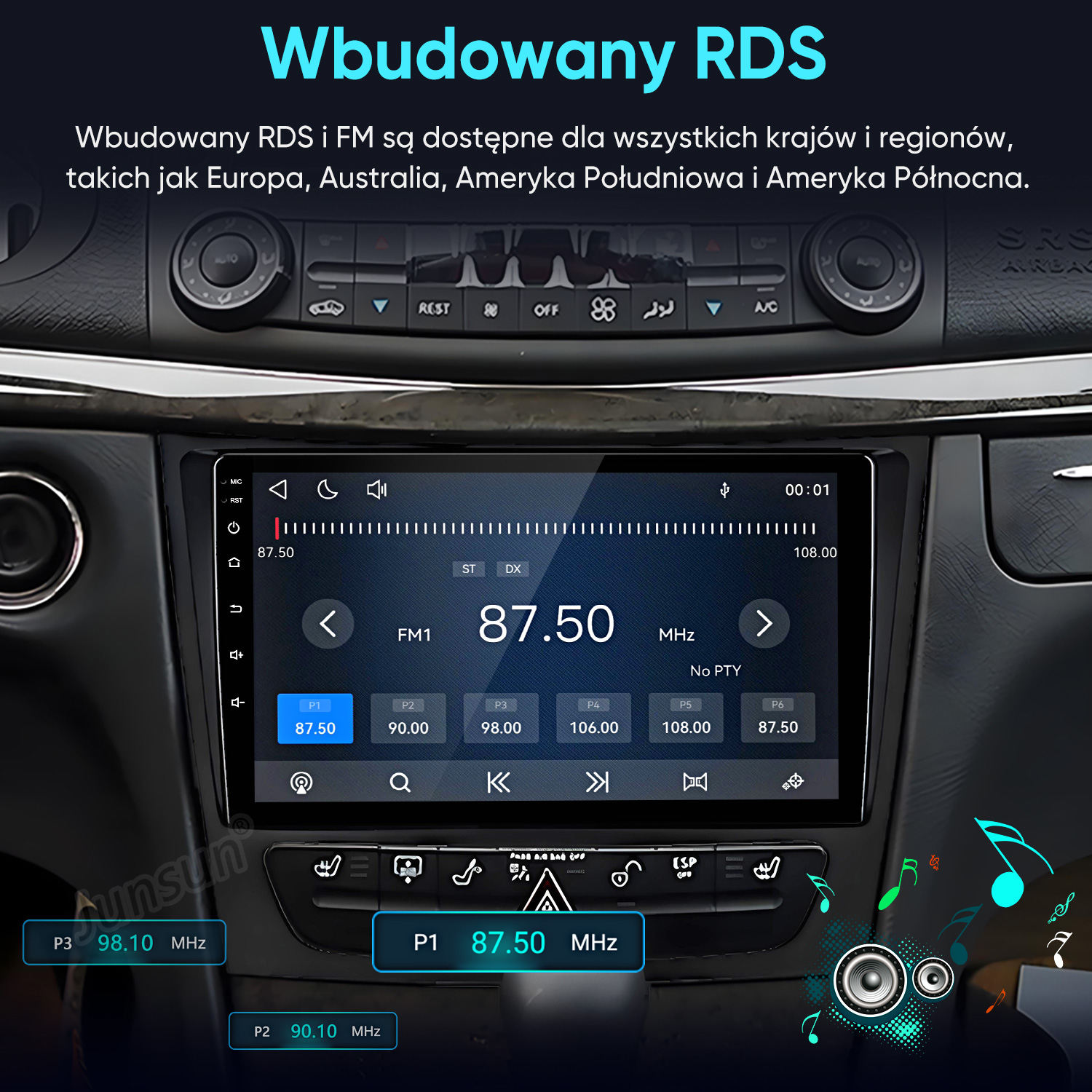 Ekran radiowy samochodu pokazuje interfejs radia FM z częstotliwością 87,50 MHz na desce rozdzielczej.
