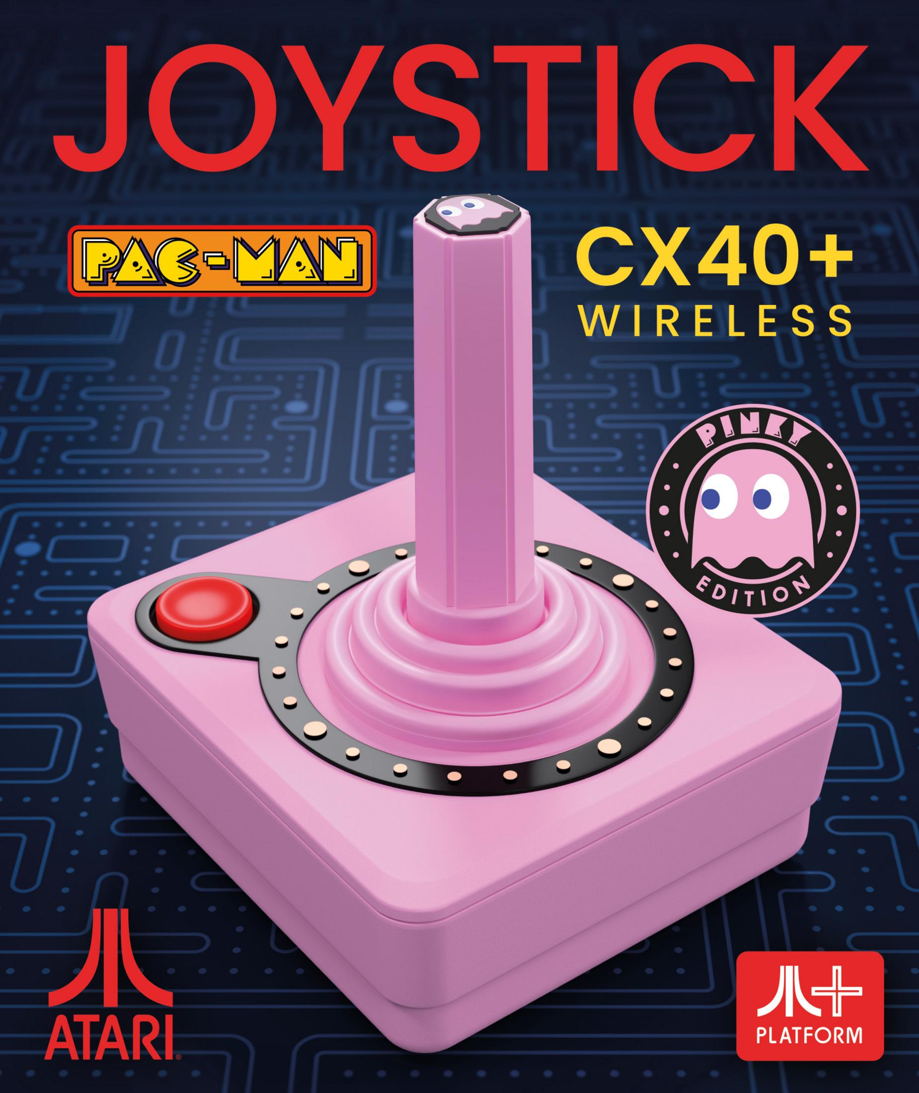 Rozowy bezprzewodowy dzoistyk Atari CX40+ Pinky Edition z logo Pac-Man i Atari.