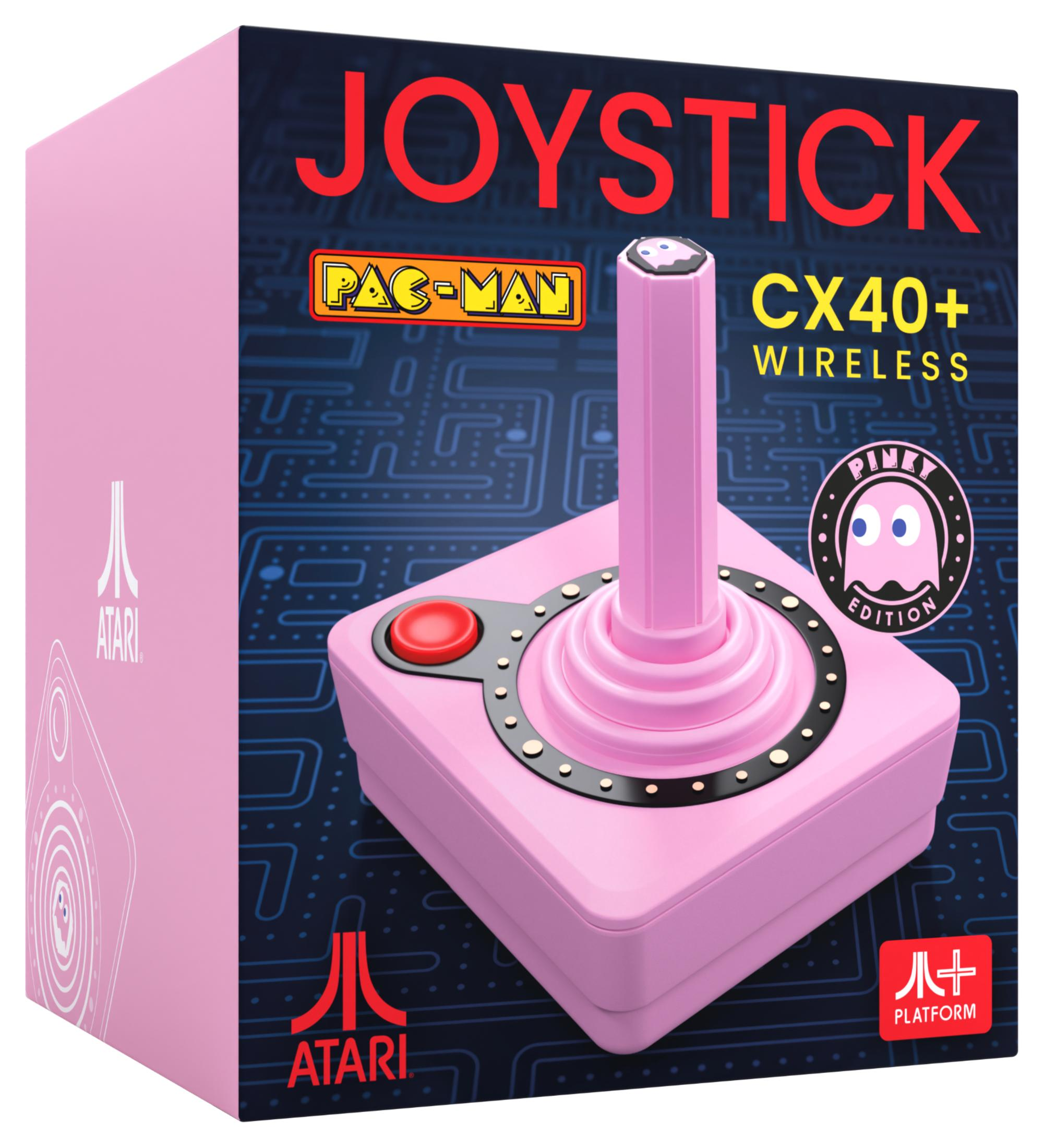 Różowy bezprzewodowy dżojstik Atari CX40+ w pudełku Pac-Man Pinky Edition.