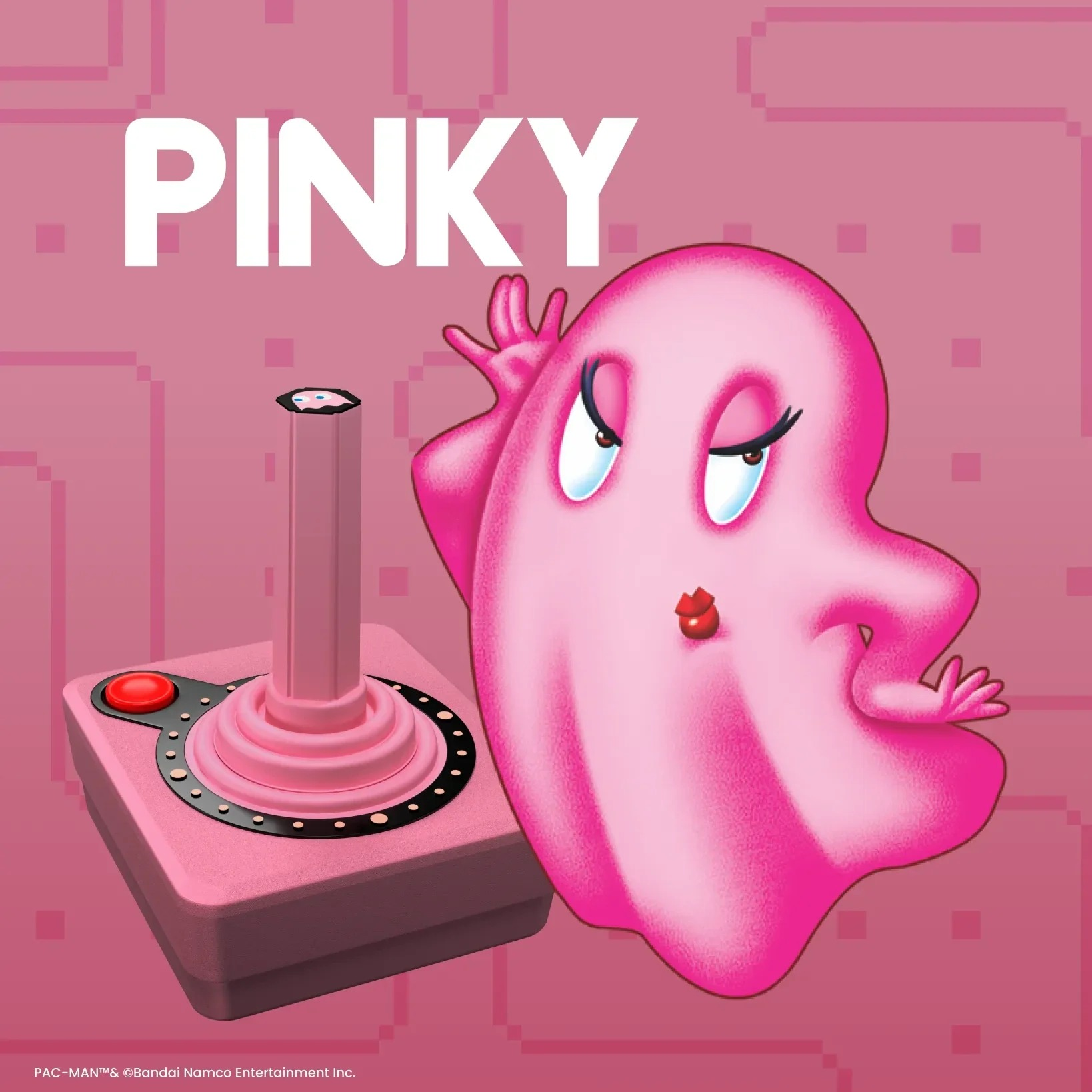 Pinky, różowy duch z Pac-Mana, pozuje obok pasującego różowego joysticka na różowym tle.