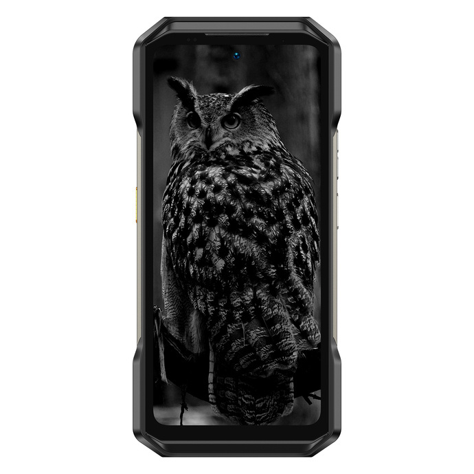 Wytrzymały smartfon w czarnej obudowie z wyświetlaczem przedstawiającym sowę.