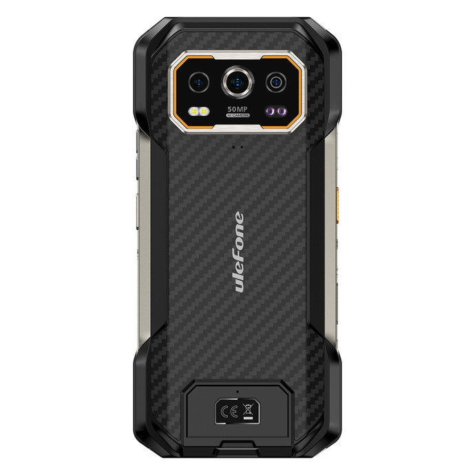 Tył wytrzymałego smartfona Ulefone z potrójnym aparatem, wzorem z włókna węglowego i srebrnym logo.