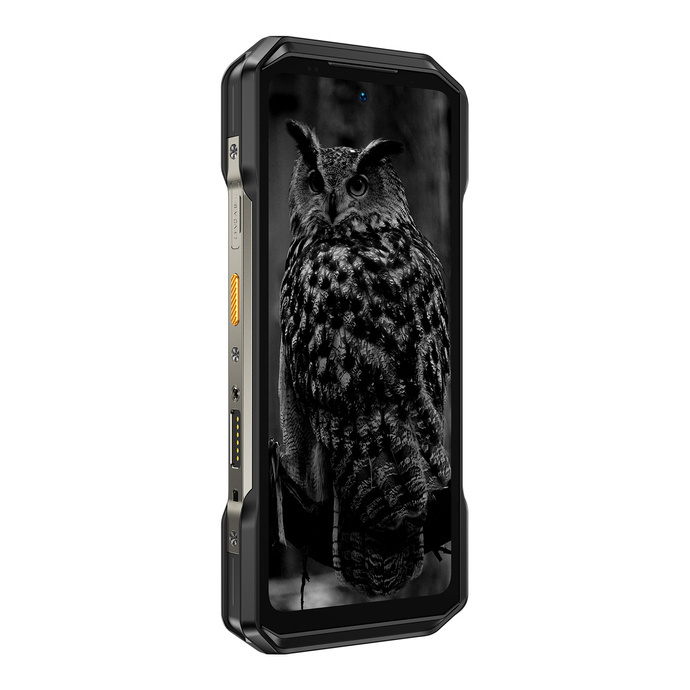 Wytrzymały czarny smartfon wyświetla sowę na ekranie, prezentując boczne przyciski.