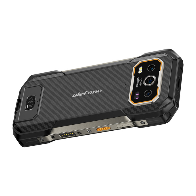 Tył czarnego pancernym smartfona Ulefone z wzorem karbonowym, aparatem i pomarańczowymi akcentami.