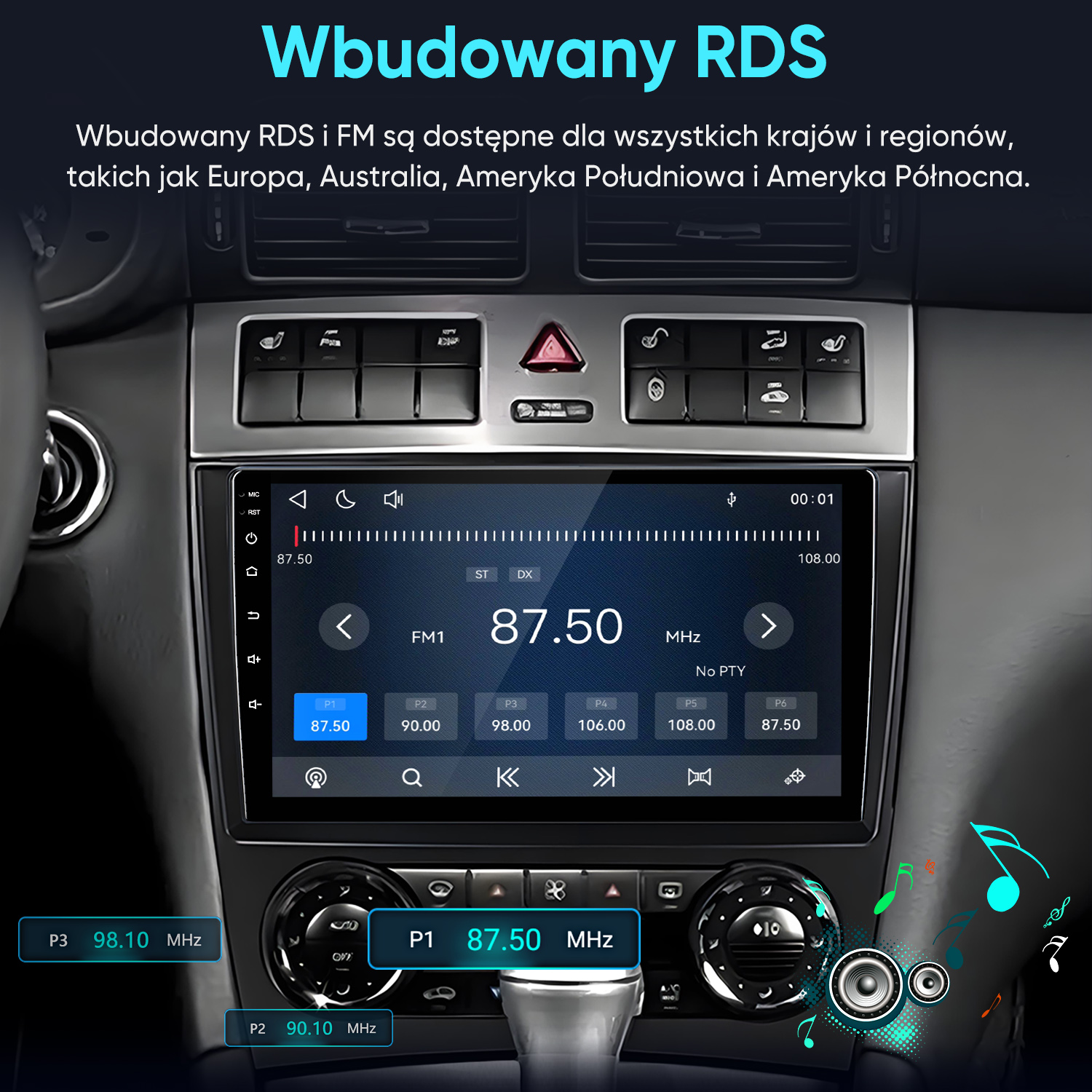 Ekran dotykowy radia samochodowego w pojeździe pokazuje stację FM 87,50 MHz.