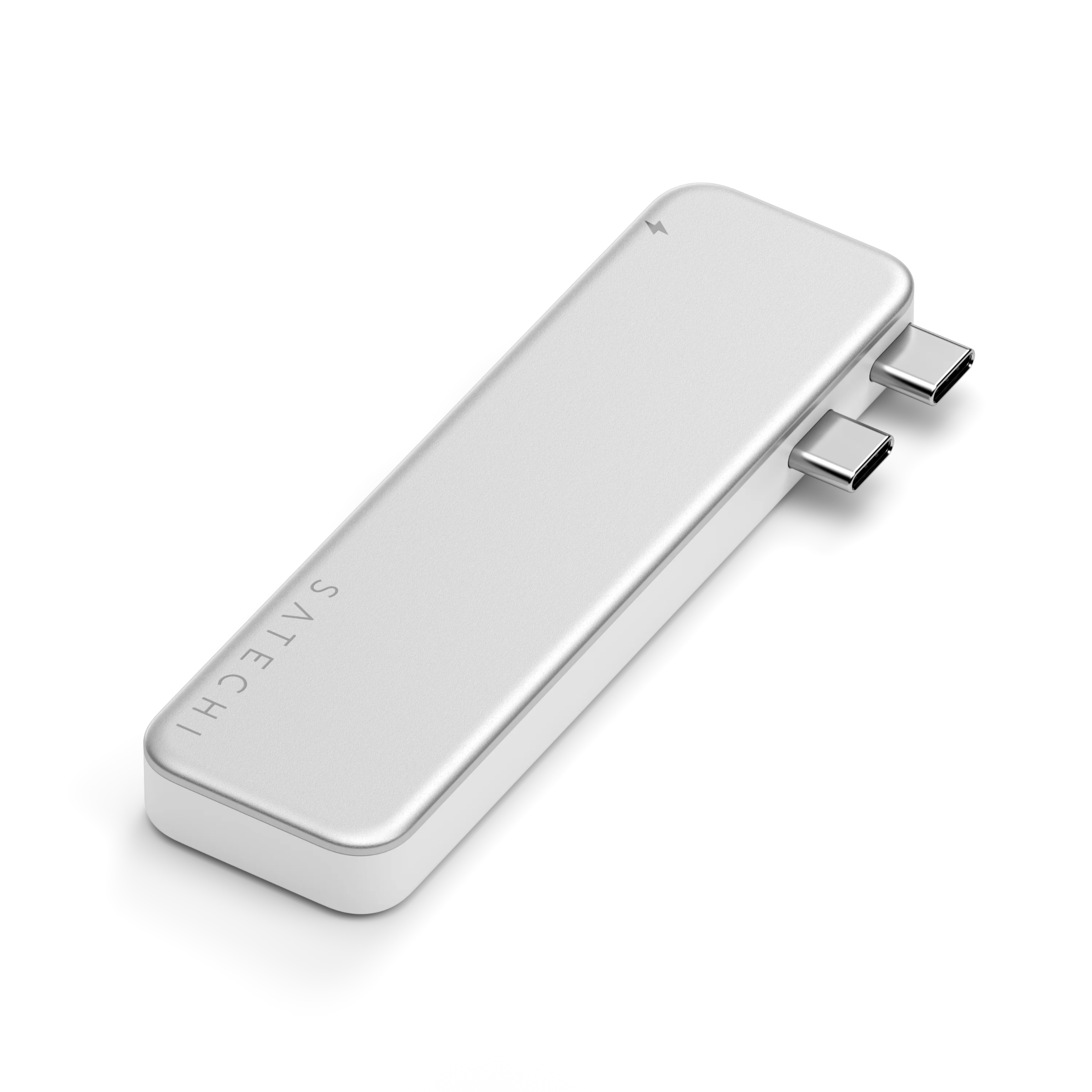 Srebrny hub USB-C Satechi z dwoma złączami na białym tle.