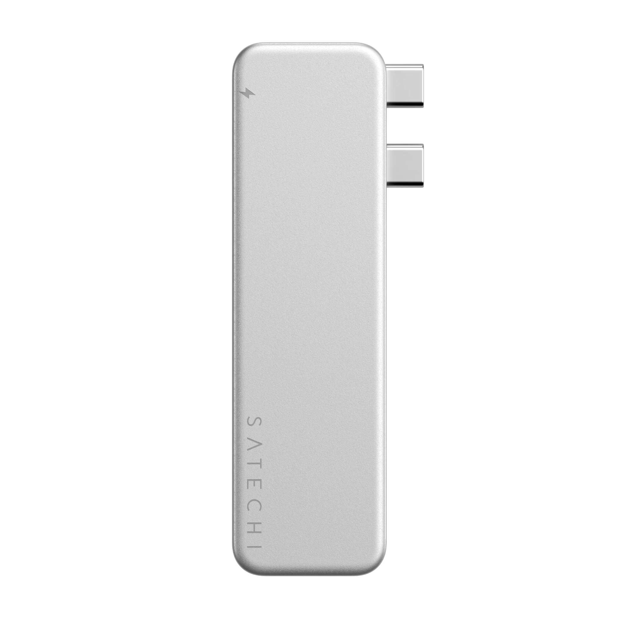 Srebrny adapter USB-C Satechi z dwoma portami i ikoną ładowania na białym tle.