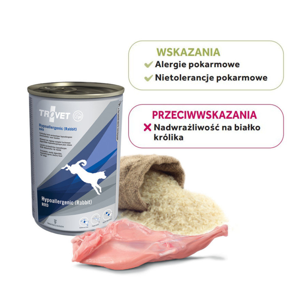 Puszka karm dla psów Trovet Hypoallergenic z ryżem i królikiem.