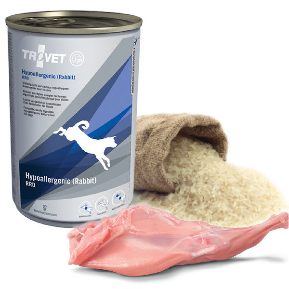 Puszka Trovet Hypoallergenic królik, surowe mięso królika i jutesowaty worek z ryżem.