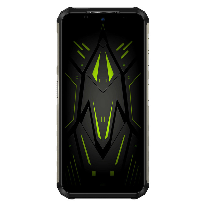 Wytrzymały czarny smartfon z kanciastymi rogami i futurystycznym czarno-zielonym motywem ekranu.