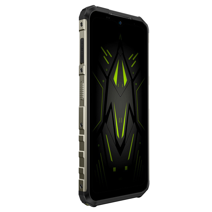Wytrzymały czarno-złoty smartfon z zielonym motywem ekranu.