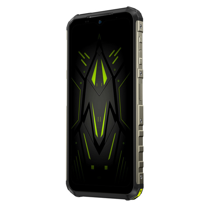 Wytrzymały czarno-szary smartfon z zieloną grafiką na tapecie ekranu.