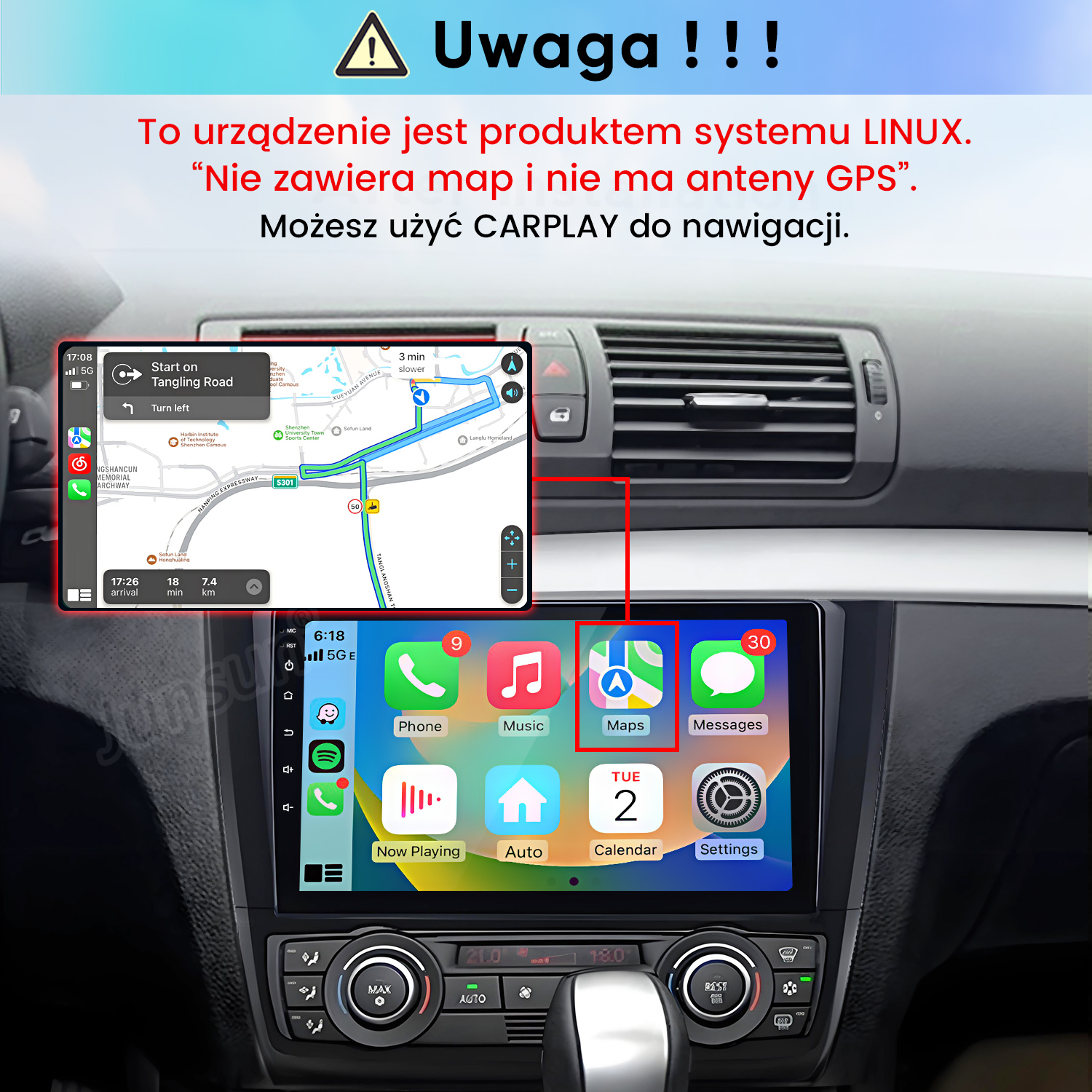 Ekran radia samochodowego Linux w desce rozdzielczej z interfejsem CarPlay.