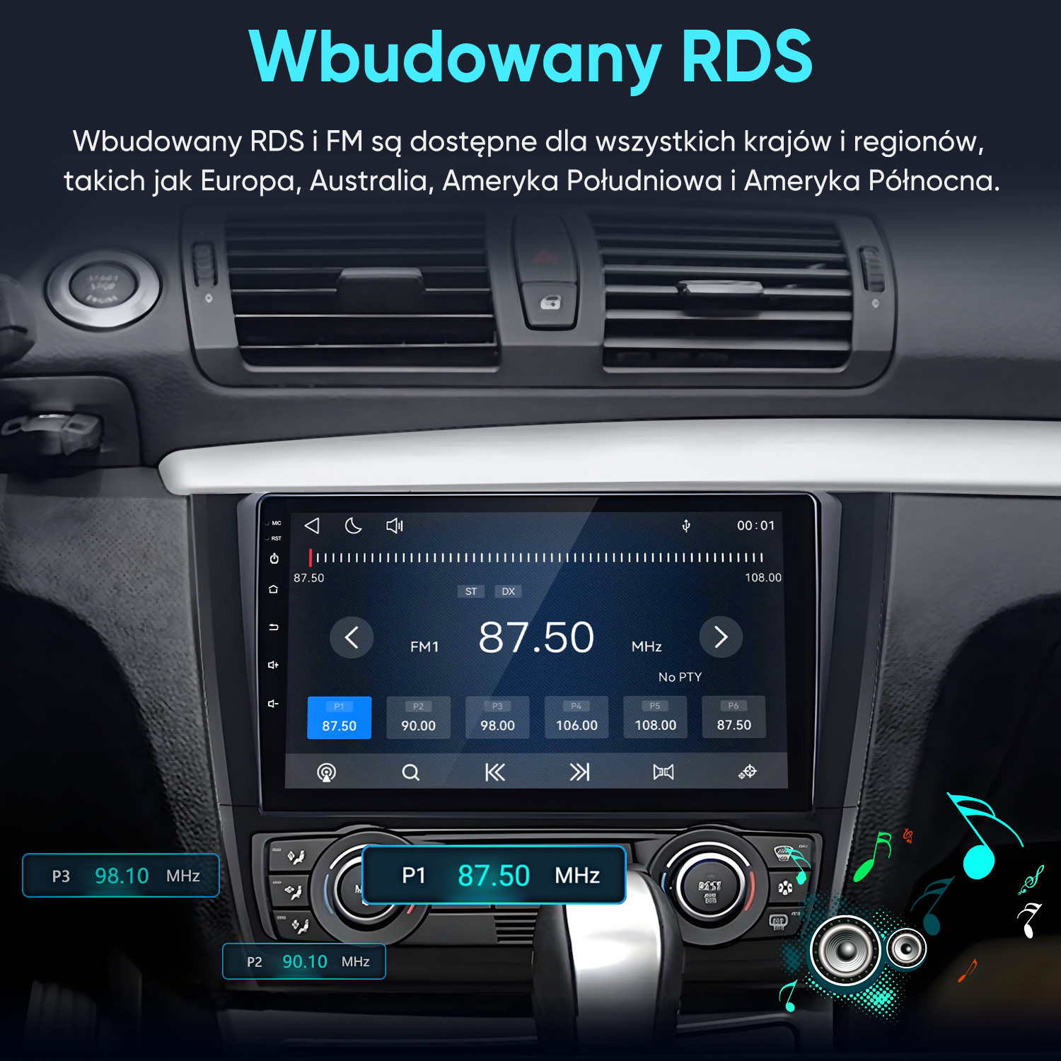 Radio samochodowe z ekranem dotykowym i wyświetlaczem FM na desce rozdzielczej.