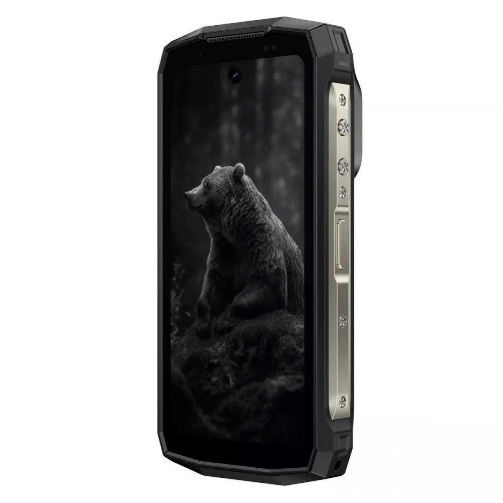 Wytrzymały czarny smartfon z metalowymi przyciskami bocznymi wyświetla czarno-białego niedźwiedzia na ekranie.