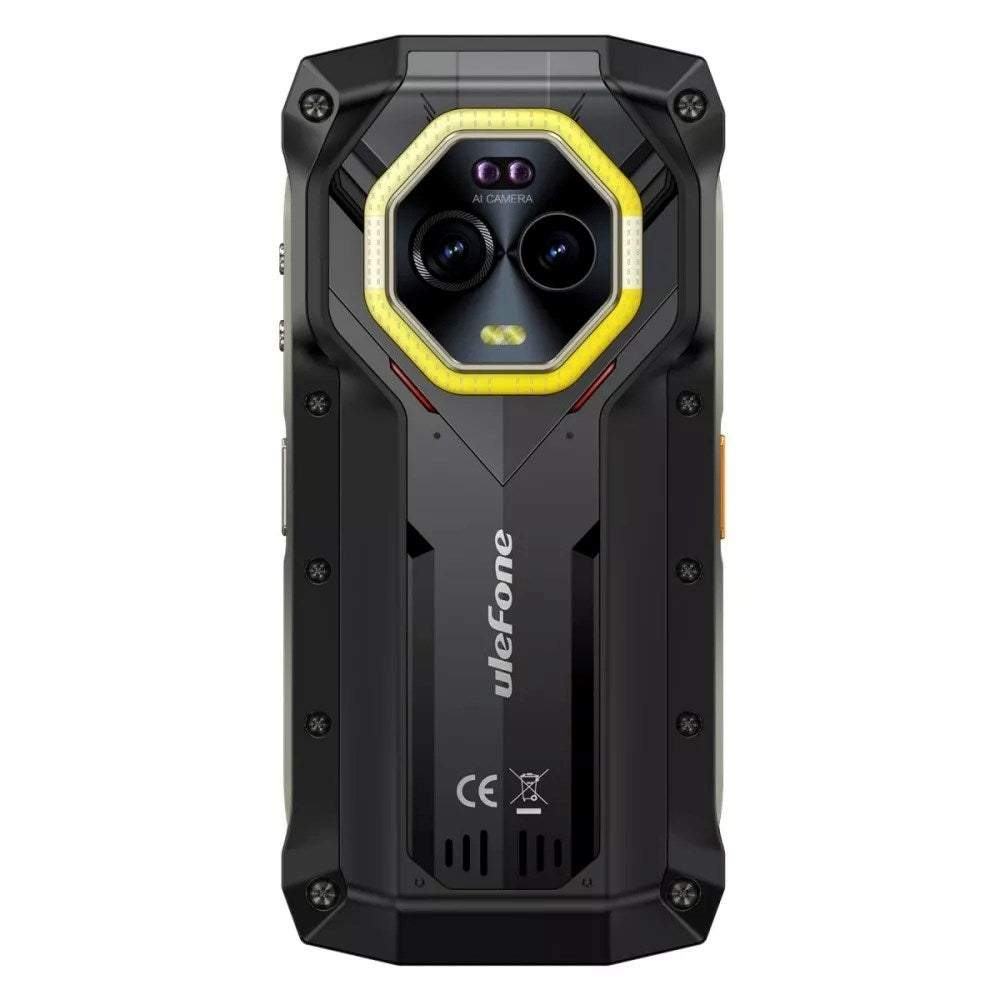 Tył wytrzymałego czarnego smartfona Ulefone z żółtą ramką aparatu.