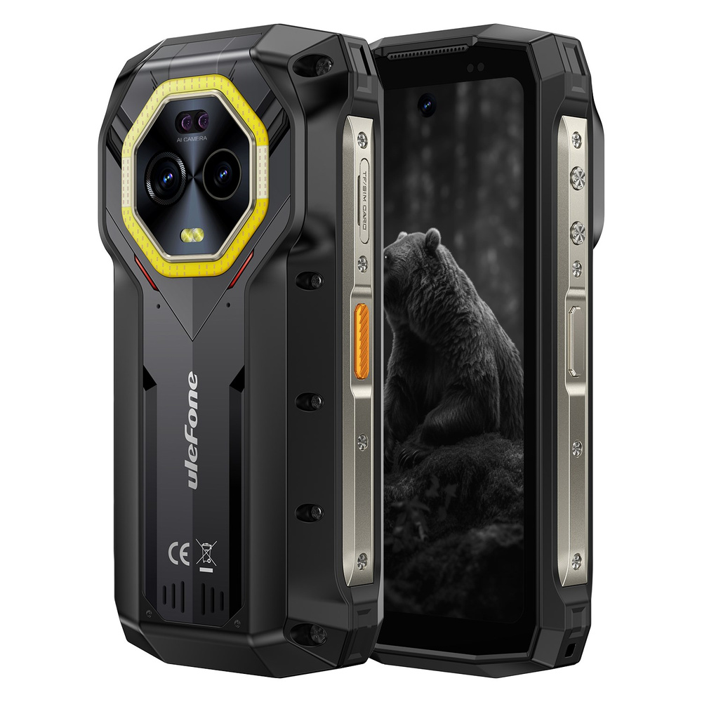 Wytrzymały, czarny smartfon Ulefone z żółtą ramką aparatu i tapetą z niedźwiedziem.