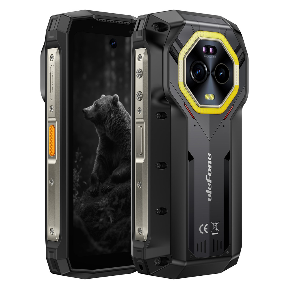 Wytrzymały czarny smartfon Ulefone ze srebrną metalową ramką i potrójnym aparatem z tyłu.