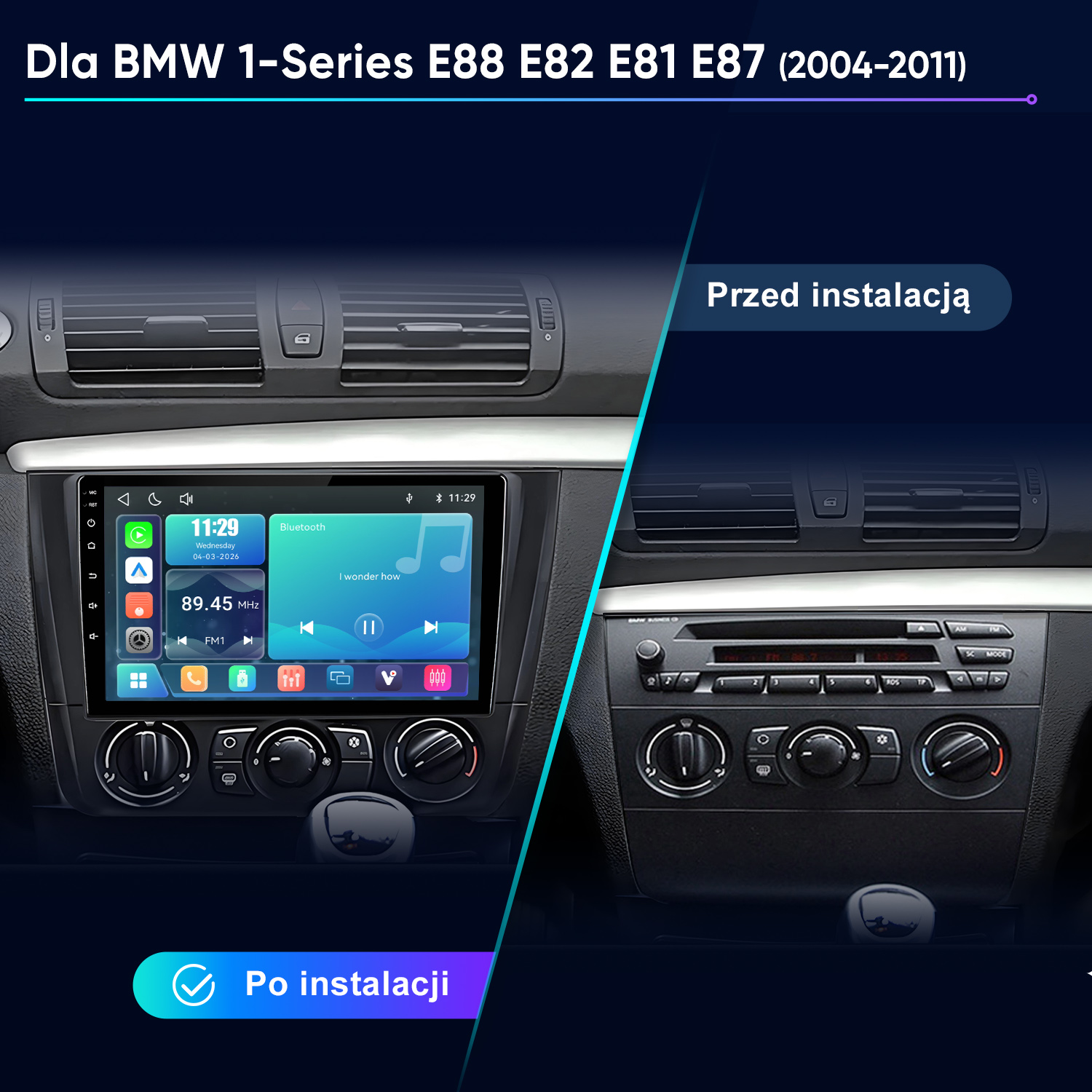 Porównanie deski rozdzielczej BMW przed i po instalacji nowego systemu multimedialnego.