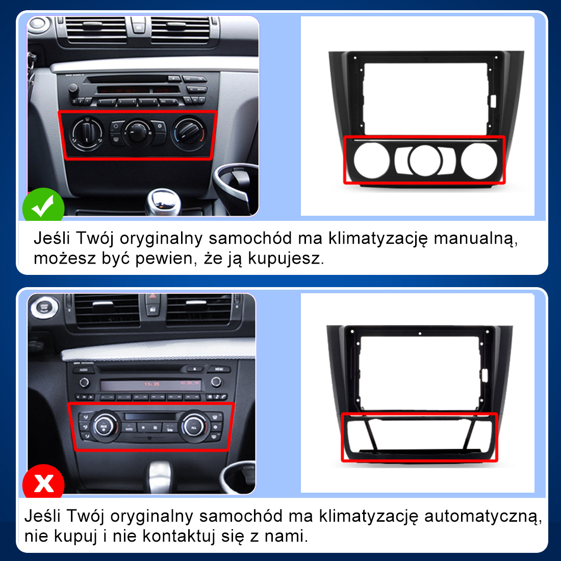 Porównanie paneli klimatyzacji manualnej i automatycznej do ramek radiowych.