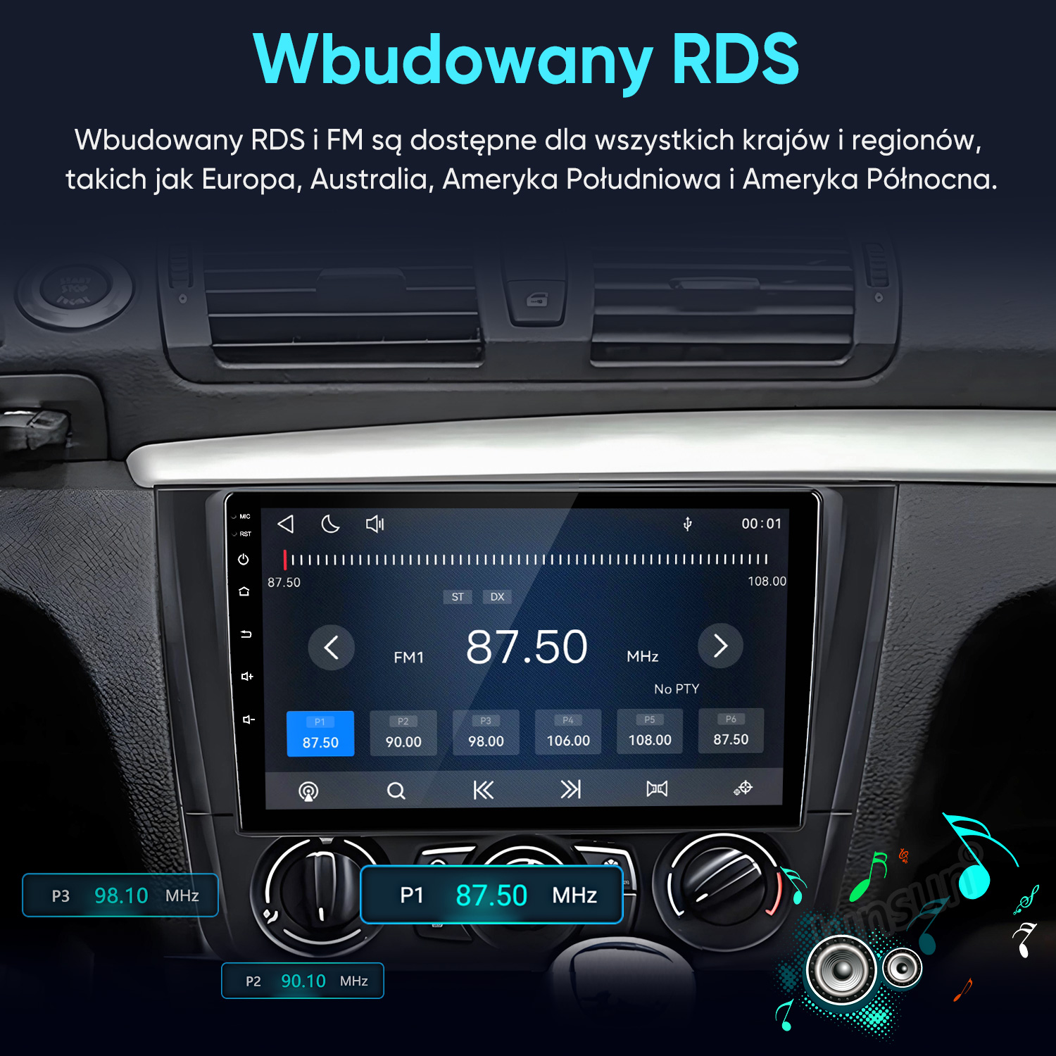 Deska rozdzielcza samochodu z cyfrowym ekranem multimedialnym wyświetlającym radio FM i RDS.