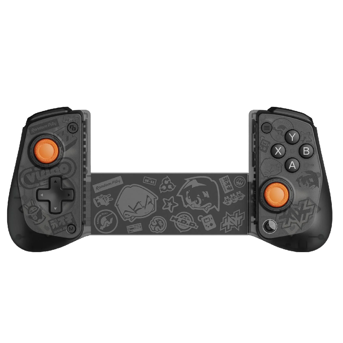 Czarny, dzielony kontroler do gier z pomarańczowymi nakładkami na joysticki i nadrukowanymi graffiti.