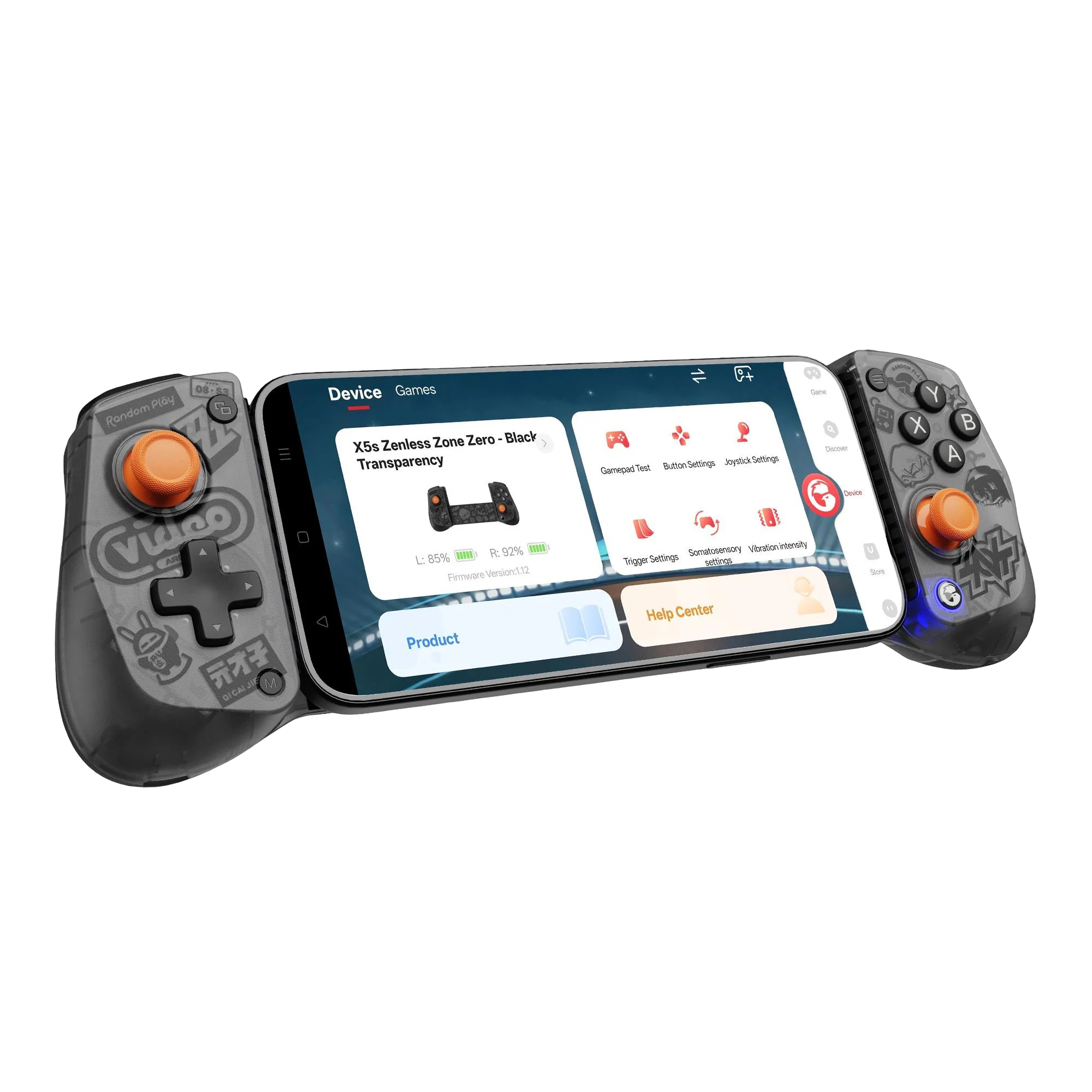 Smartfon zamontowany w czarnym, przezroczystym gamepadzie z pomarańczowymi joystickami i grafikami w stylu graffiti.