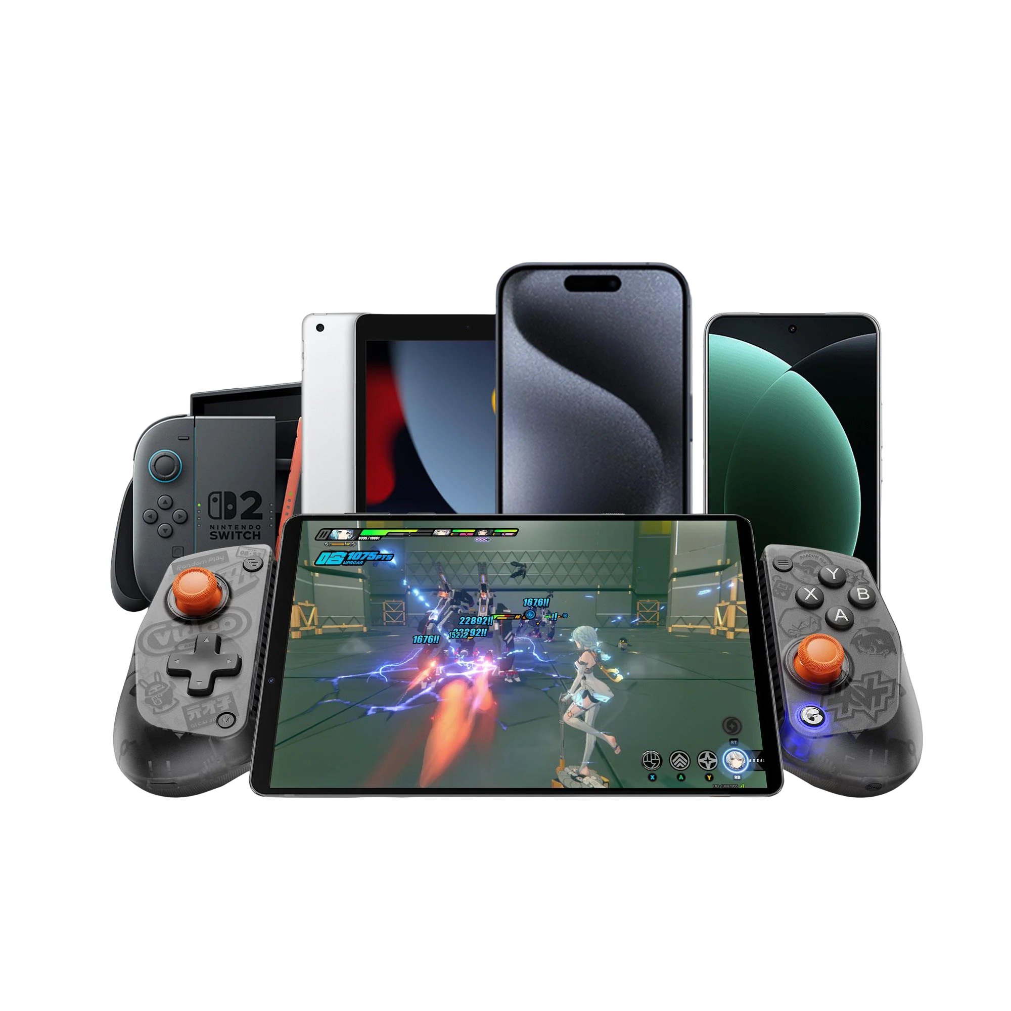 Tablet z kontrolerami wyświetla grę wideo, w tle znajdują się inne tablety i smartfony.