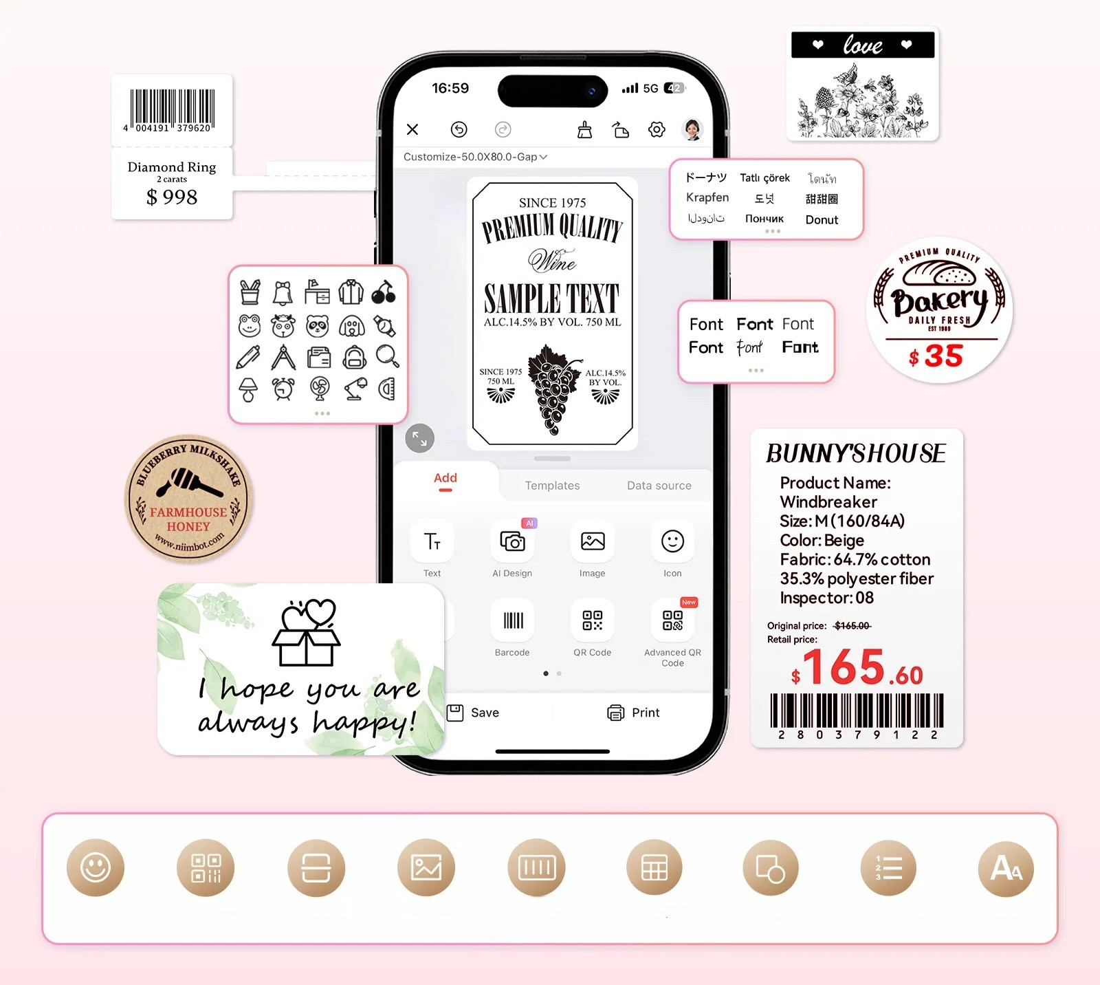 Uno smartphone mostra un'app per la creazione di etichette, circondato da varie etichette.