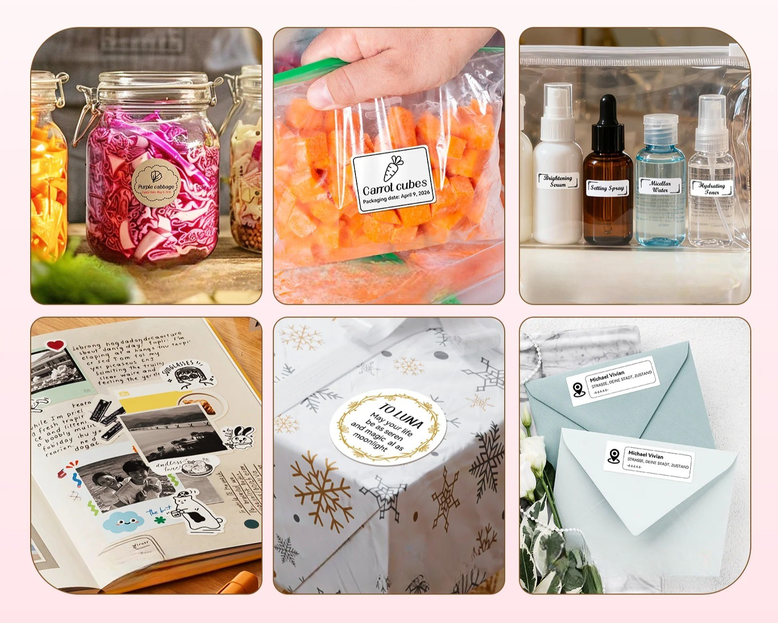 Un collage che mostra etichette personalizzate su un barattolo, sacchetto di cibo, flaconi di cosmetici, diario e buste.