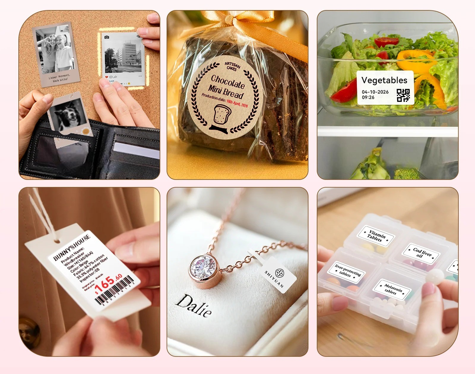 Un collage che mostra vari usi di etichette stampate per foto, cibo, verdure, vestiti e pillole.