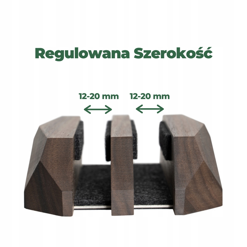 Drewniany stojak na laptopa z regulacją szerokości 12-20 mm i czarnym filcem na białym tle.