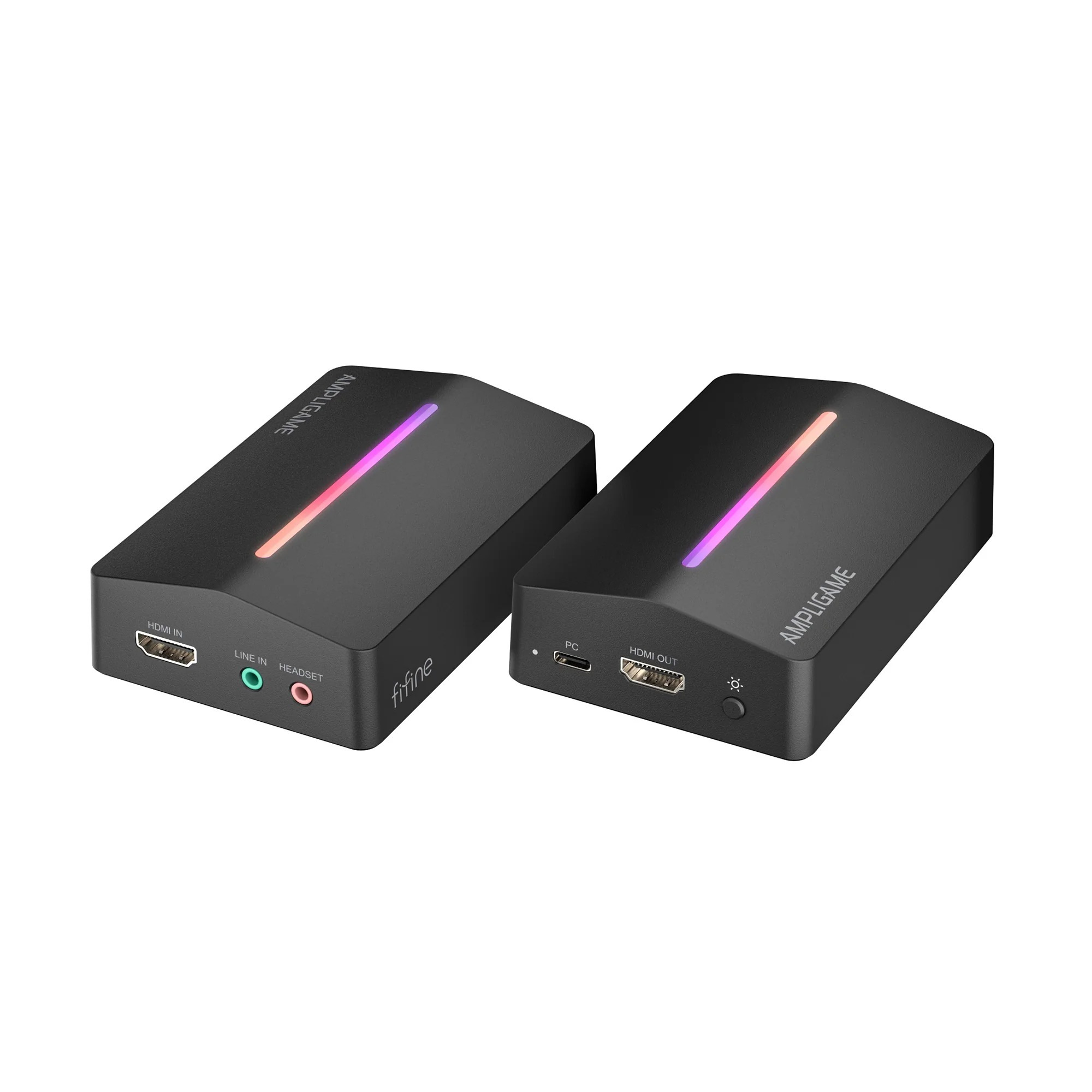 Dwie czarne karty przechwytujące Ampligame z oświetleniem RGB LED i różnymi portami na białym tle.