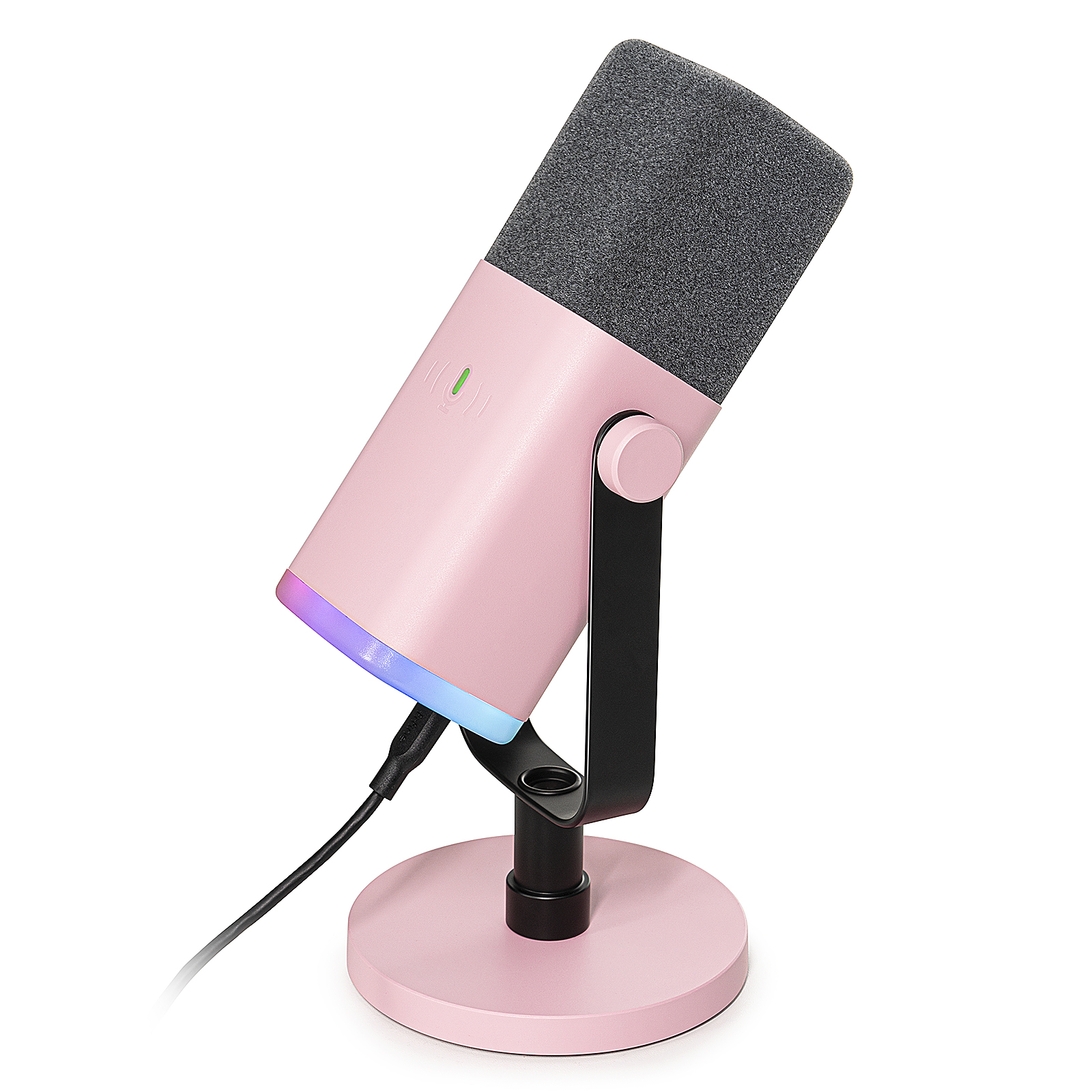 Różowy mikrofon USB z szarym filtrem pop, czarnym stojakiem i kolorowym oświetleniem LED.