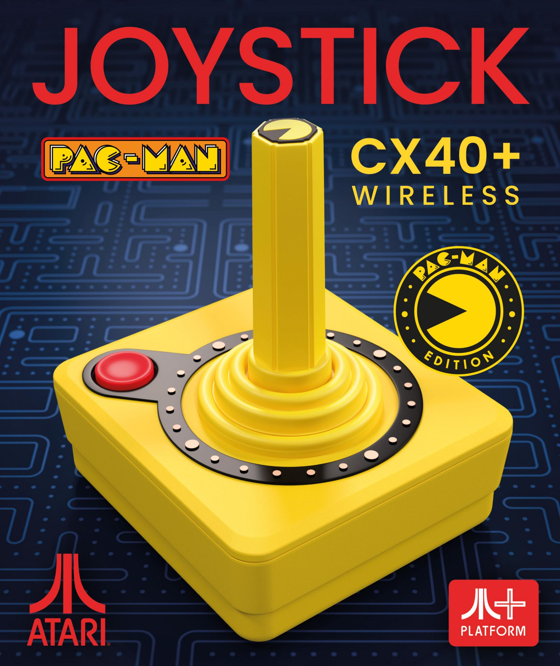 Żółty bezprzewodowy joystick Pac-Man CX40+ na niebieskim tle labiryntu z logo.