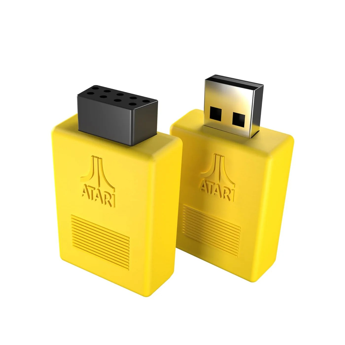 Dwa żółte adaptery Atari z czarnymi i srebrnymi złączami na białym tle.
