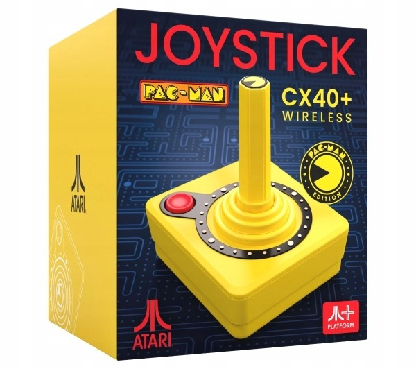 Zolte pudelko joysticka bezprzewodowego Pac-Man Atari CX40+ z czerwonym przyciskiem i labiryntem.