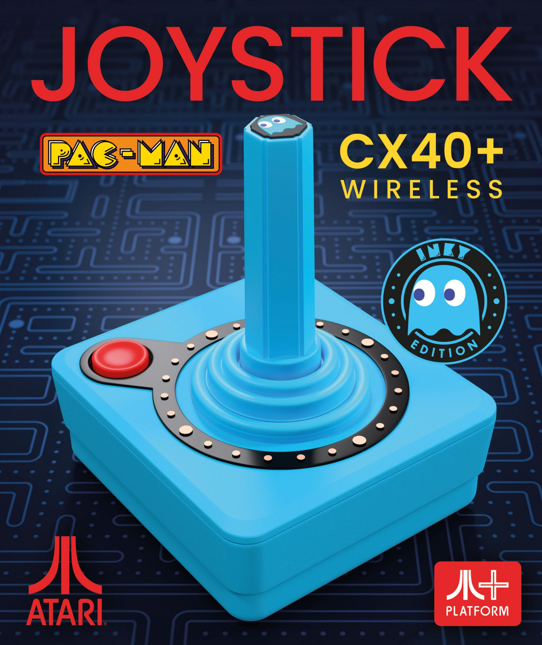 Niebieski bezprzewodowy joystick Atari CX40+ wstylu Pac-Man Inky na ciemnym, wzorzystym tle.