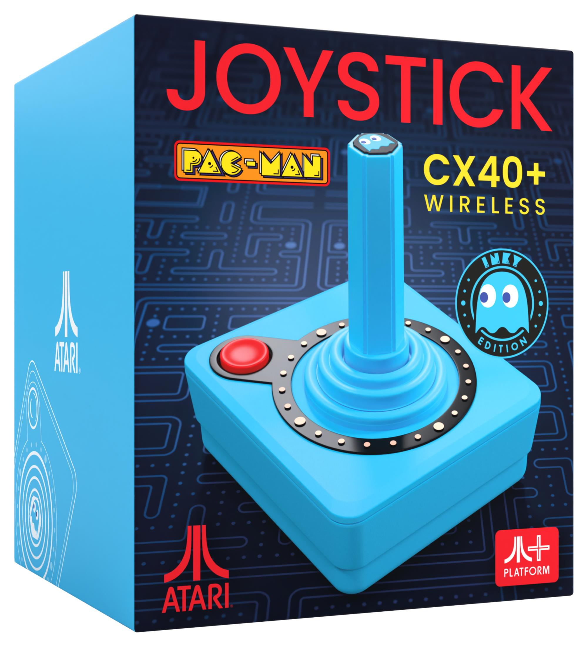 Niebieskie pudełko na joystick Atari CX40+ Wireless Pac-Man Inky Edition z czerwonym przyciskiem.