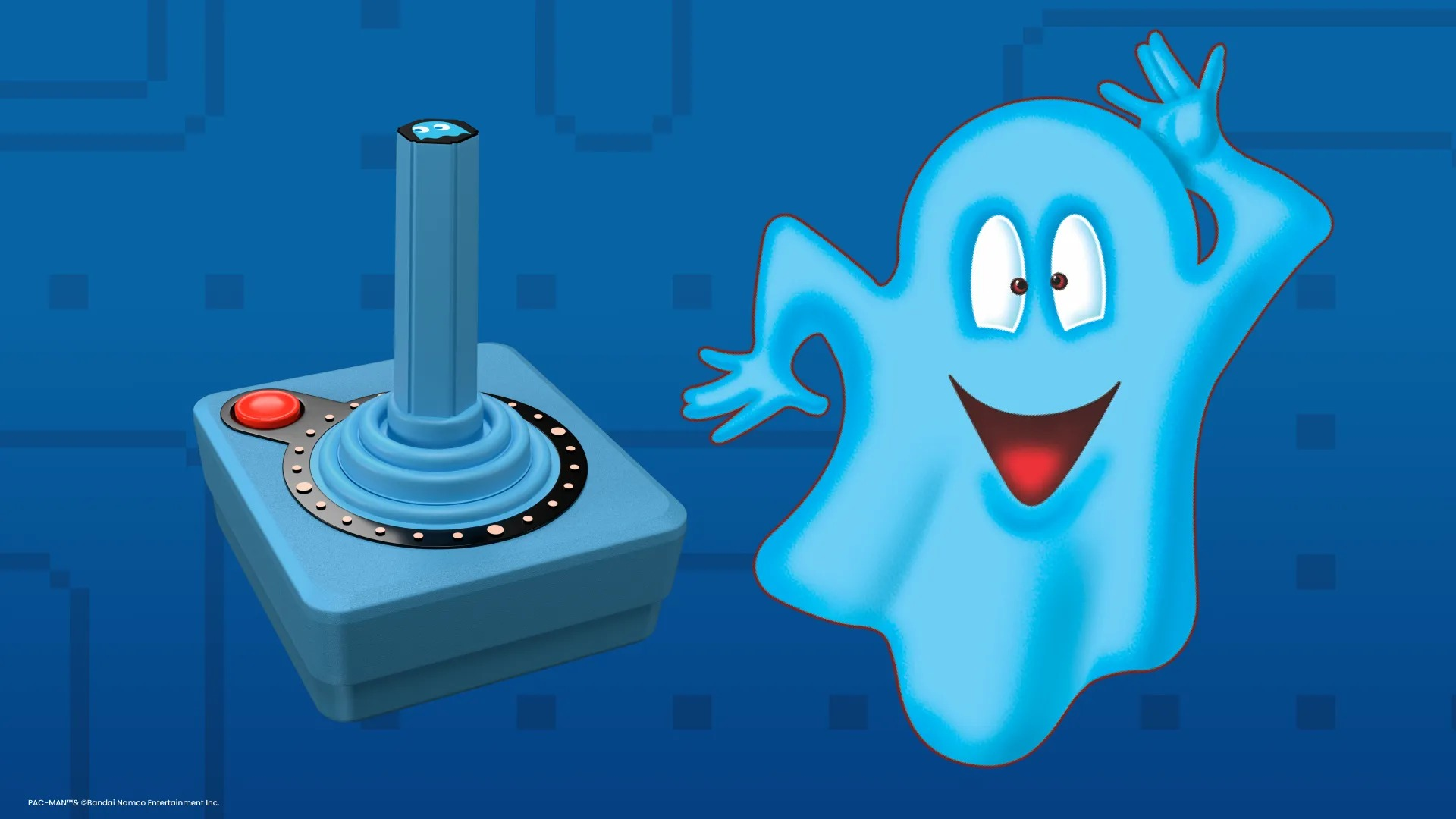 Niebieski joystick z czerwonym przyciskiem obok wesołego jasnoniebieskiego ducha z kreskówki.