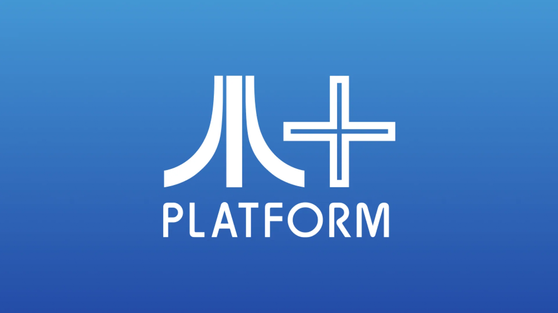 Białe logo z symbolem i napisem PLATFORM na niebieskim tle.