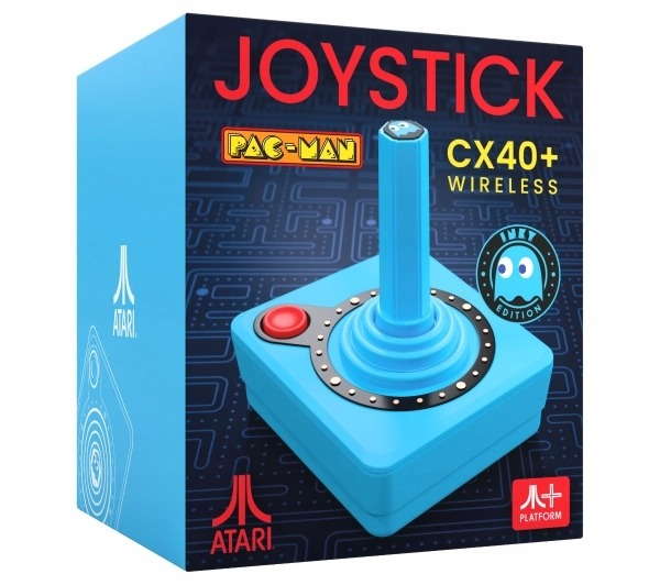 Niebieskie opakowanie bezprzewodowego joysticka Atari CX40+ z motywem Pac-Man i czerwonym przyciskiem.