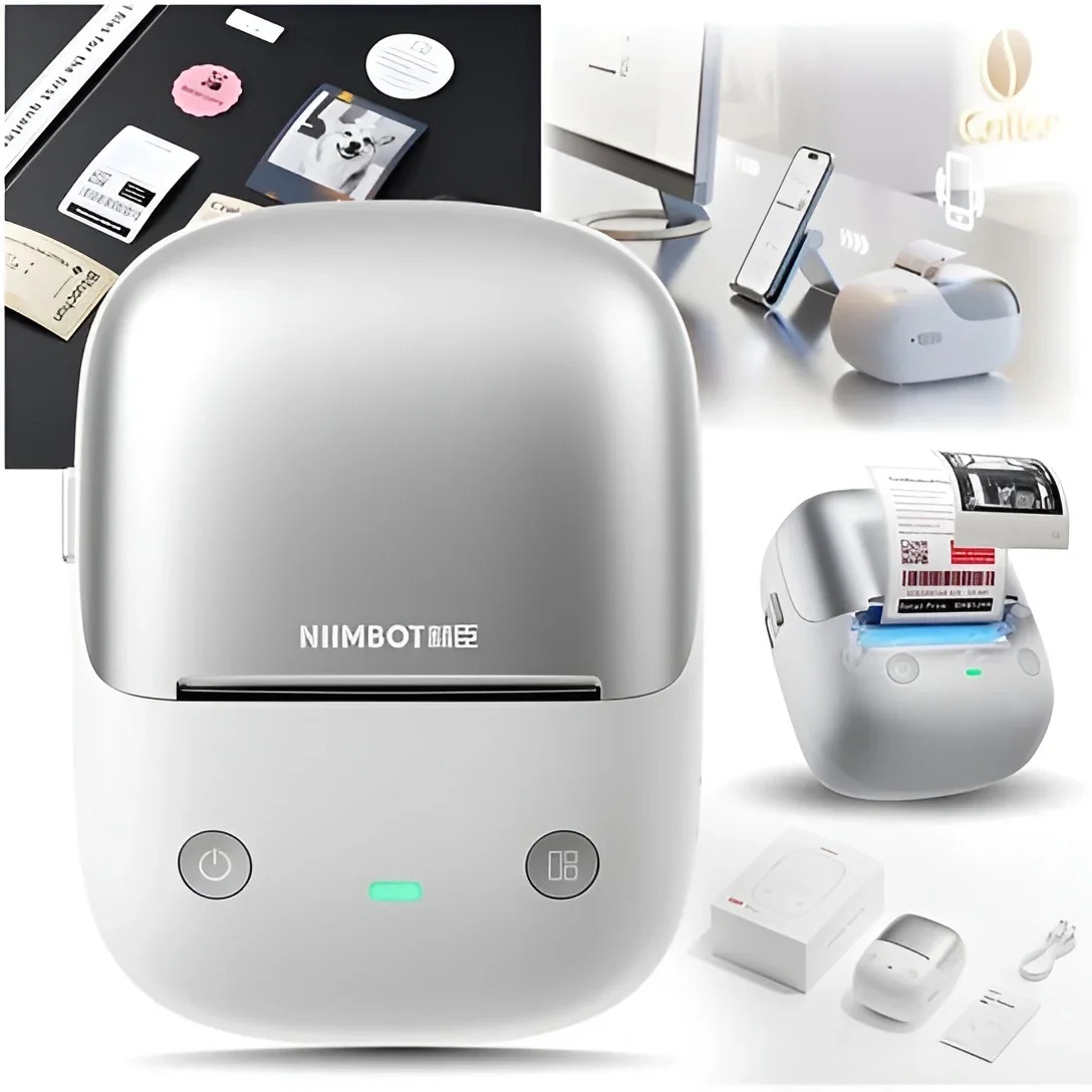 Una mini stampante Niimbot bianca e argento con etichette stampate, smartphone e accessori.