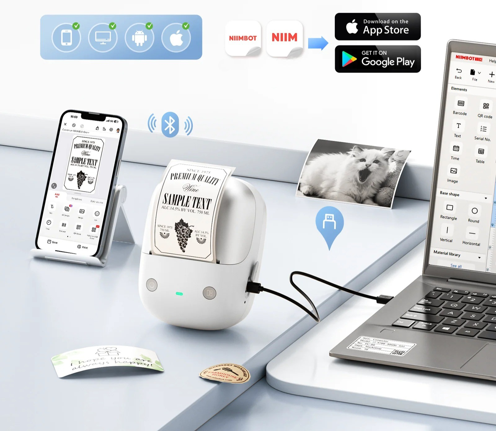 Piccola stampante di etichette collegata a smartphone e laptop, stampa un'etichetta.